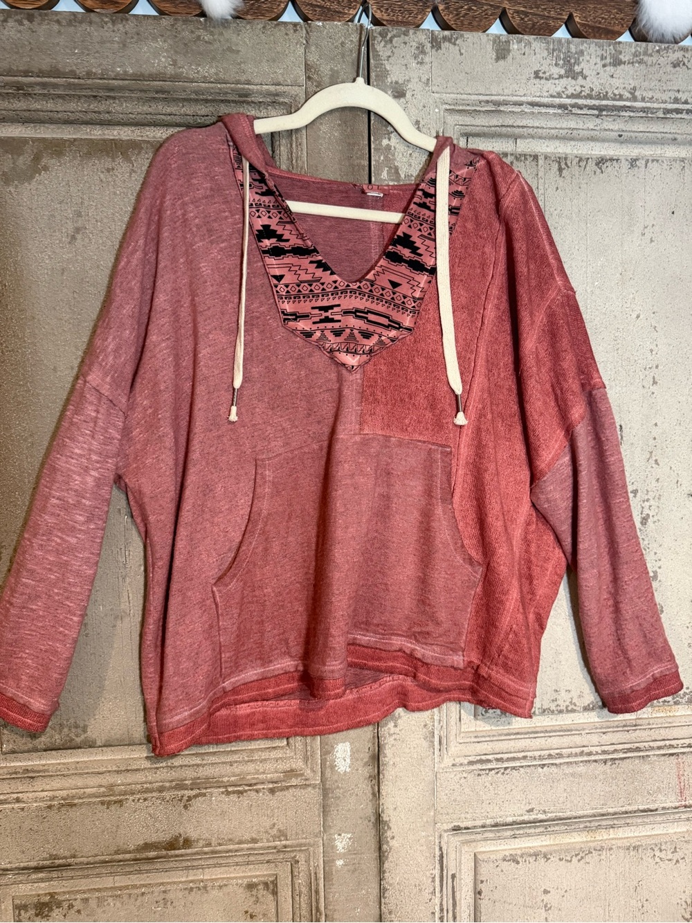 POL Rose V-Neck Hooded Pullover with Tribal Trim